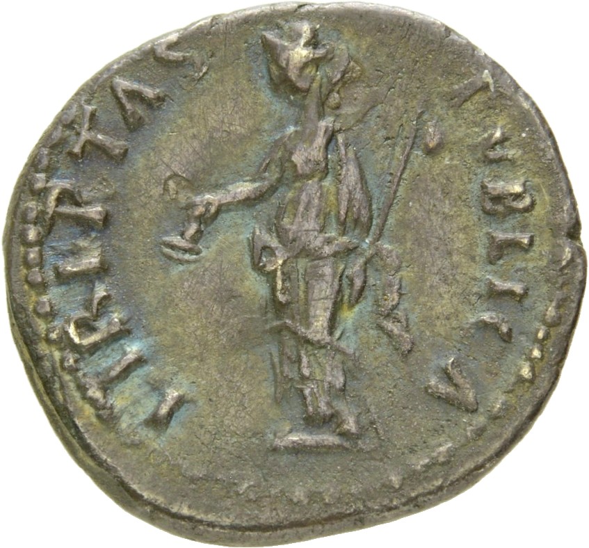 RIC II Nerva 19 (denarius) Nerva reverse, Libertas, draped, standing left, holding pileus in right hand and short sceptre,...