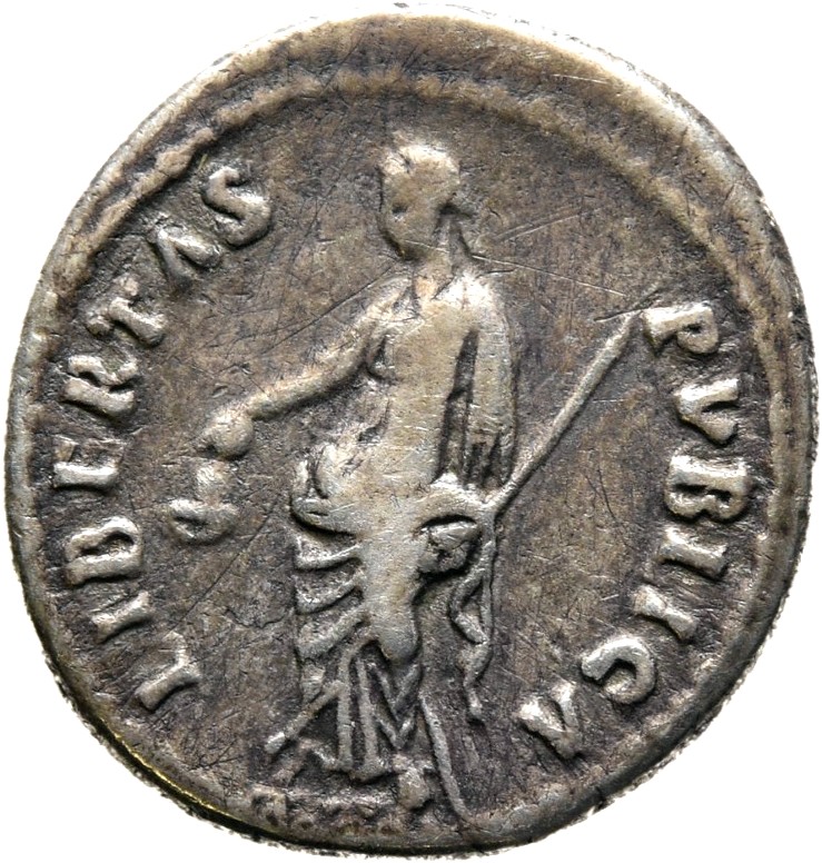RIC II Nerva 19 (denarius) Nerva reverse — Libertas, draped, standing left, holding pileus in right hand and short sceptre...