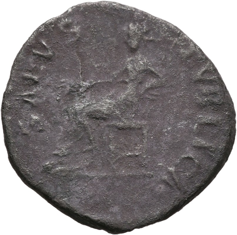RIC II Nerva 20 (denarius) Nerva reverse — Salus, draped, seated left on throne, holding two corn-ears downwards in extend...