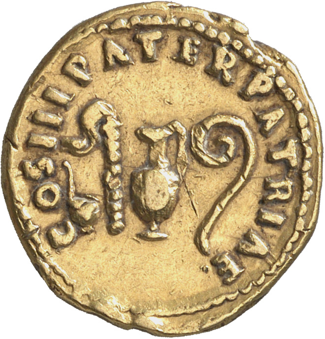 RIC II Nerva 24 (aureus) Nerva reverse, Simpulum, sprinkler, ewer and lituus
