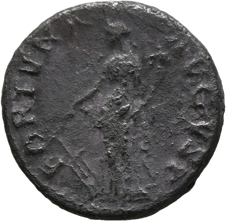 RIC II Nerva 28 (denarius) Nerva reverse — Fortuna, draped, standing left, holding rudder set on ground in right hand and ...