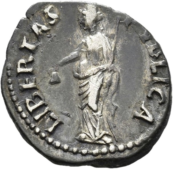 RIC II Nerva 31 (denarius) Nerva reverse, Libertas, draped, standing left, holding pileus in right hand and short sceptre,...