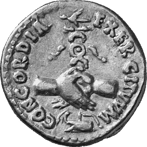 RIC II Nerva 3 (aureus) Nerva reverse, Clasped hands holding aquila set on prow, left