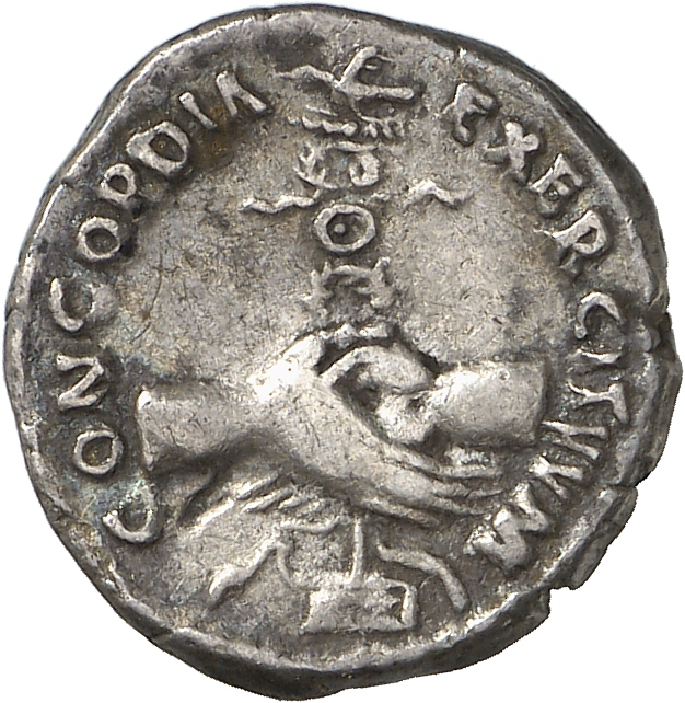 RIC II Nerva 3 (denarius) Nerva reverse, Clasped hands holding aquila set on prow, left