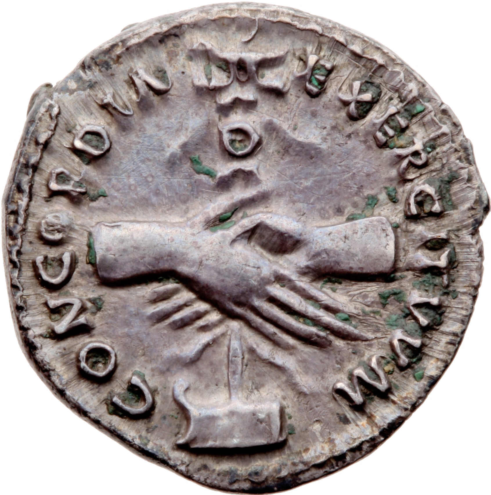 RIC II Nerva 3 (denarius) Nerva reverse, Clasped hands holding aquila set on prow, left
