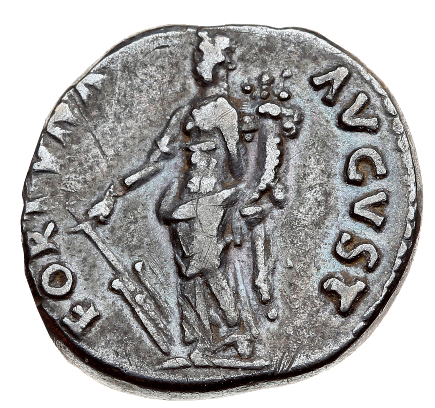 RIC II Nerva 4 (denarius) Nerva reverse, Fortuna, draped, standing left, holding rudder set on ground in right hand and co...