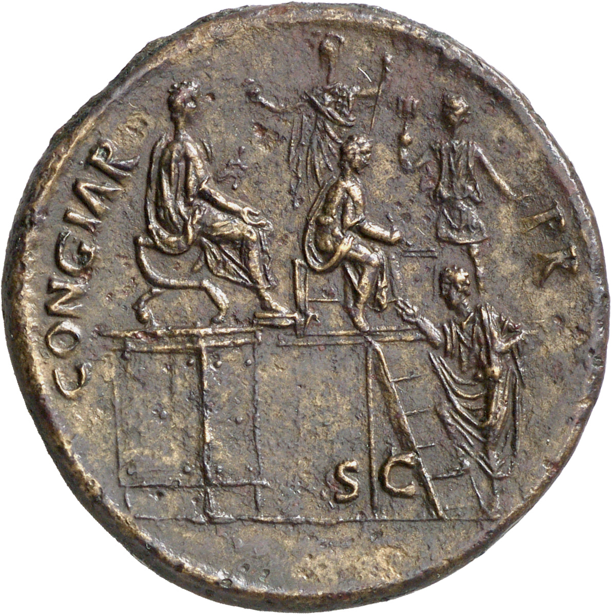 RIC II Nerva 56 Nerva reverse, Nerva seated right on curule chair on platform; before him officer seated right distributin...