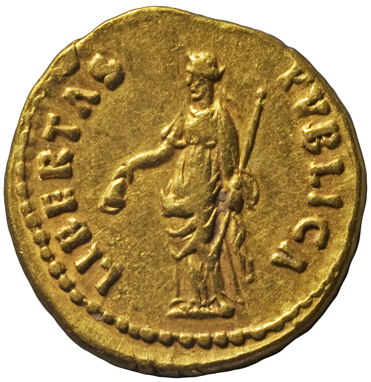 RIC II Nerva 7 (aureus) Nerva reverse, Libertas, draped, standing left, holding pileus in right hand and short sceptre, po...