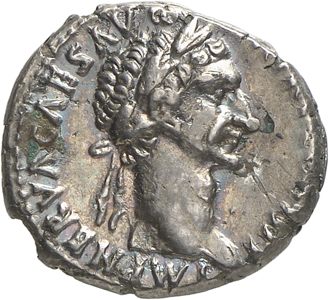 RIC II Nerva 7 (denarius) Nerva obverse, Head of Nerva, laureate, right