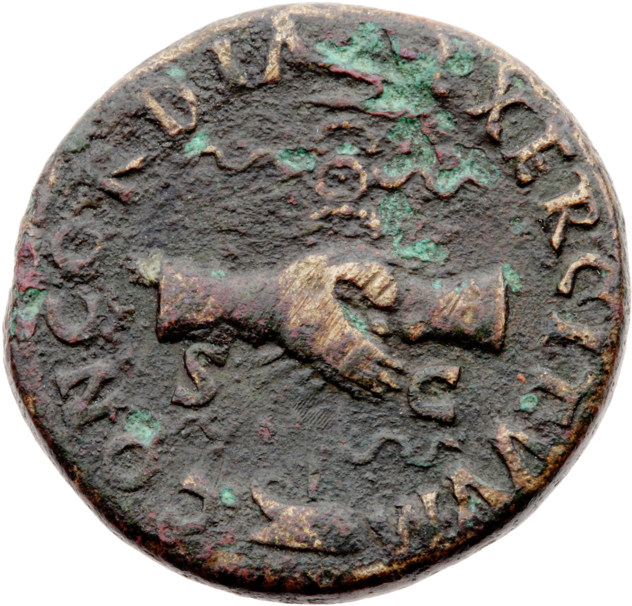RIC II Nerva 81 Nerva reverse, Clasped hands holding aquila set on prow, left