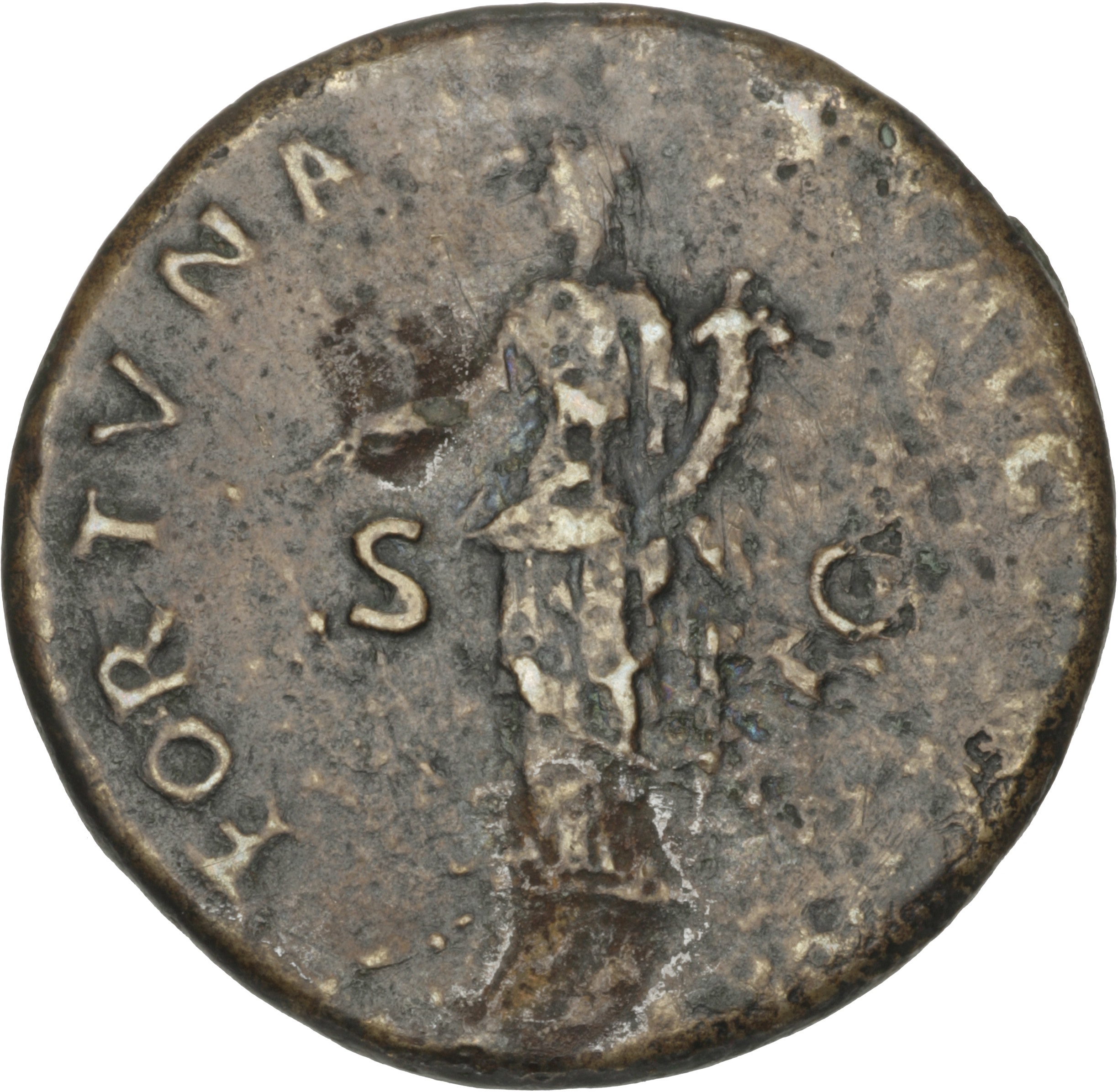 RIC II Nerva 83 (sestertius) Nerva reverse, Fortuna, draped, standing left, holding rudder set on ground in right hand and...