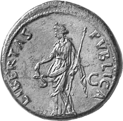 RIC II Nerva 86 (sestertius) Nerva reverse, Libertas, draped, standing left, holding pileus in right hand and short sceptr...