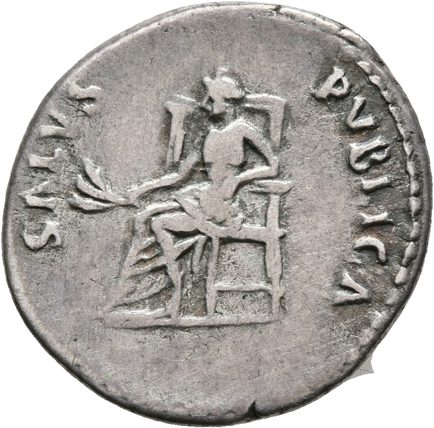 RIC II Nerva 9 Nerva reverse, Salus, draped, seated left on throne, holding two corn-ears in extended right hand, left arm...