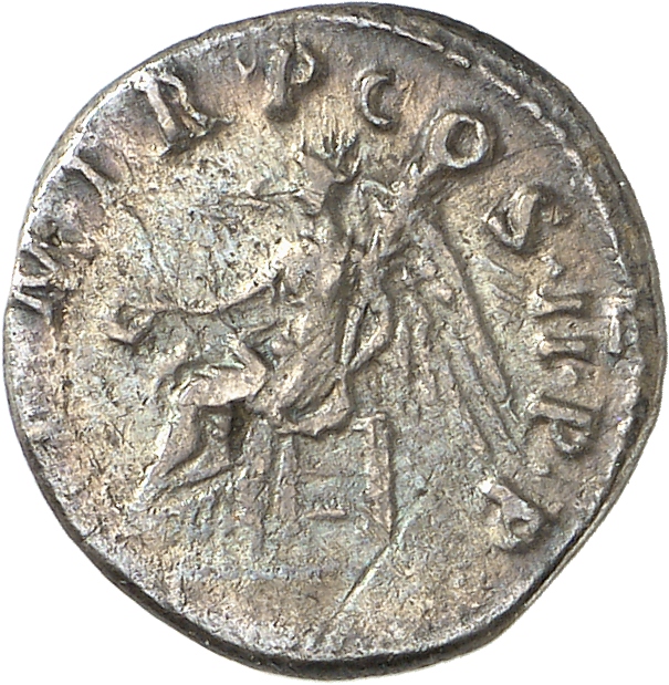 RIC II Trajan 10 Trajan reverse, Victory, draped, seated left on seat without back, holding patera in right hand and palm ...