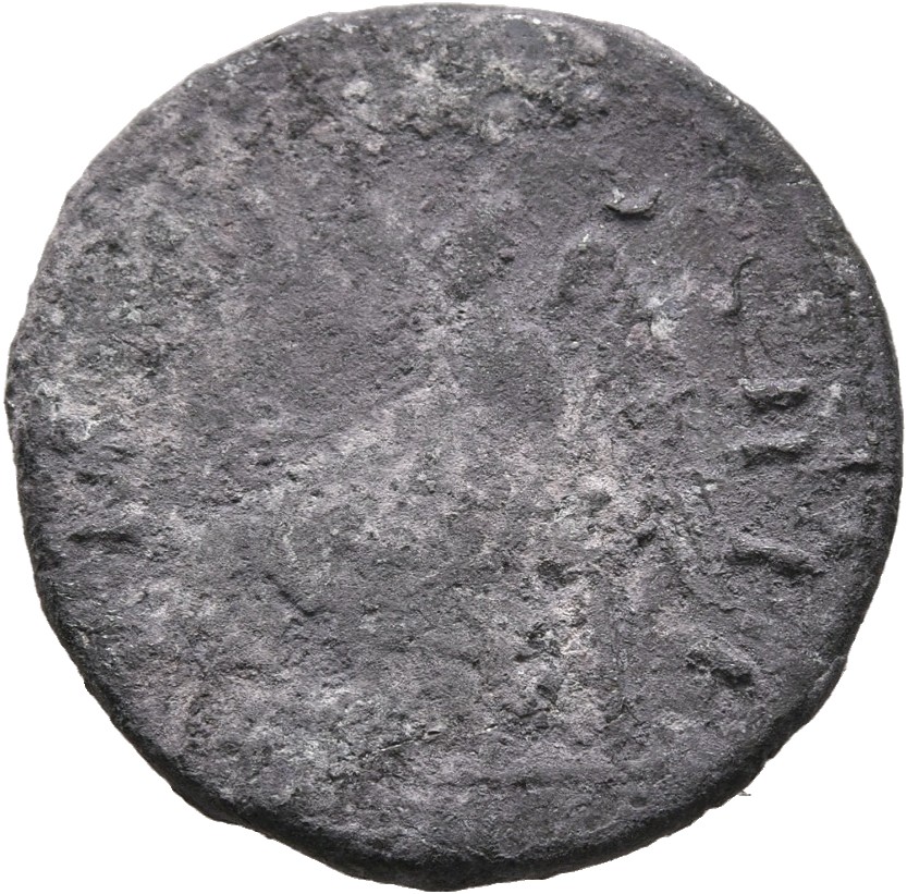 Trajan reverse — Victory, draped, seated left on seat without back, holding patera in right hand and palm in left