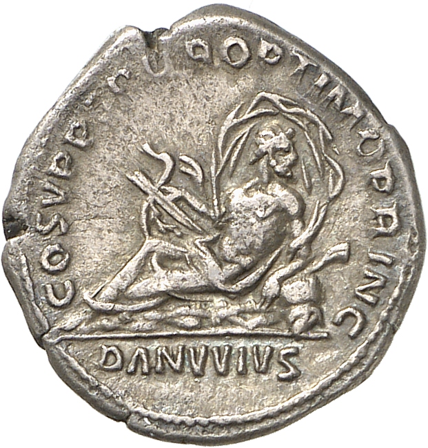 RIC II Trajan 100 Trajan reverse, Danuvius (The Danube), naked to waist, cloak floating out behind, reclining left on rock...