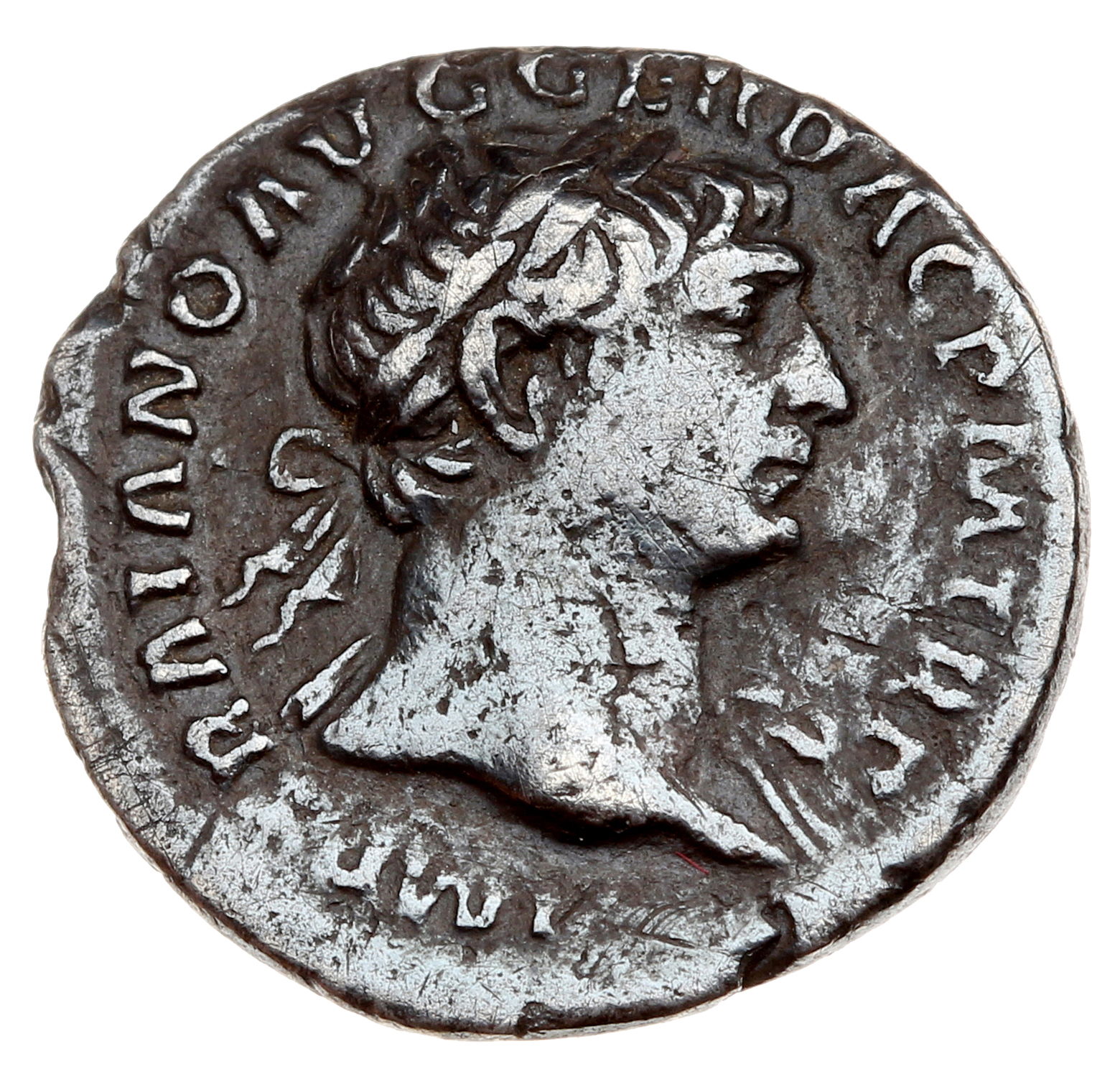 RIC II Trajan 100 Trajan obverse — Bust of Trajan, laureate, right (sometimes draped on left shoulder)