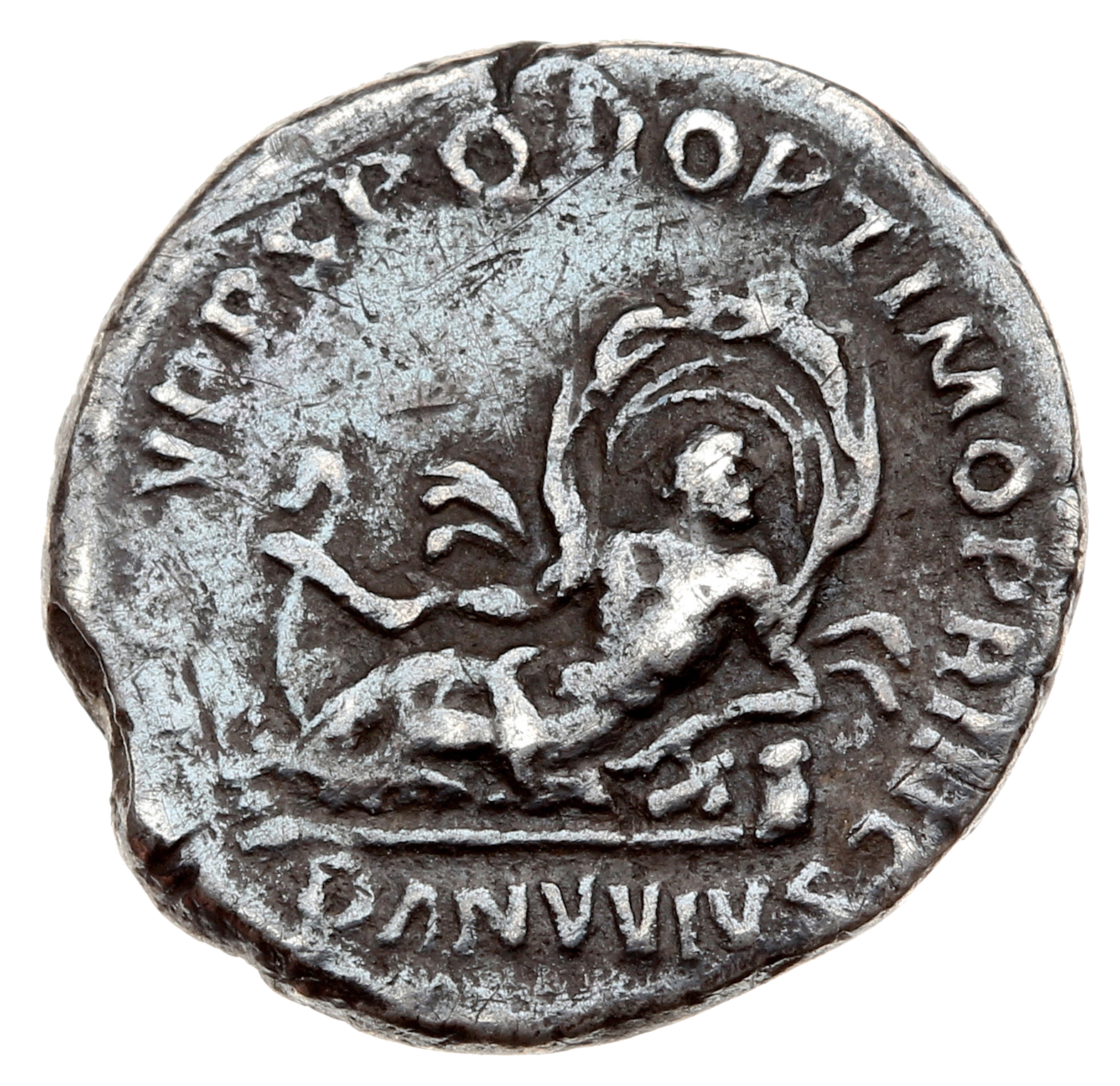 RIC II Trajan 100 Trajan reverse — Danuvius (The Danube), naked to waist, cloak floating out behind, reclining left on roc...