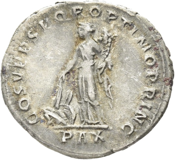 RIC II Trajan 102 Trajan reverse — Pax, draped, standing left, with torch in right hand setting fire to pile of arms left ...