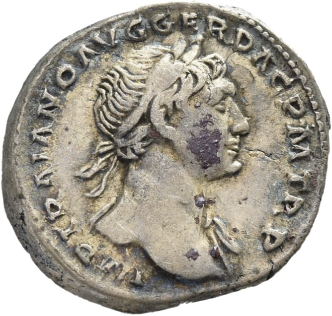 RIC II Trajan 104 Trajan obverse, Bust of Trajan, laureate, draped on left shoulder, right
