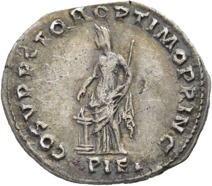 RIC II Trajan 104 Trajan reverse — Pietas, draped, veiled, standing left, with right hand dropping incense on lighted alta...