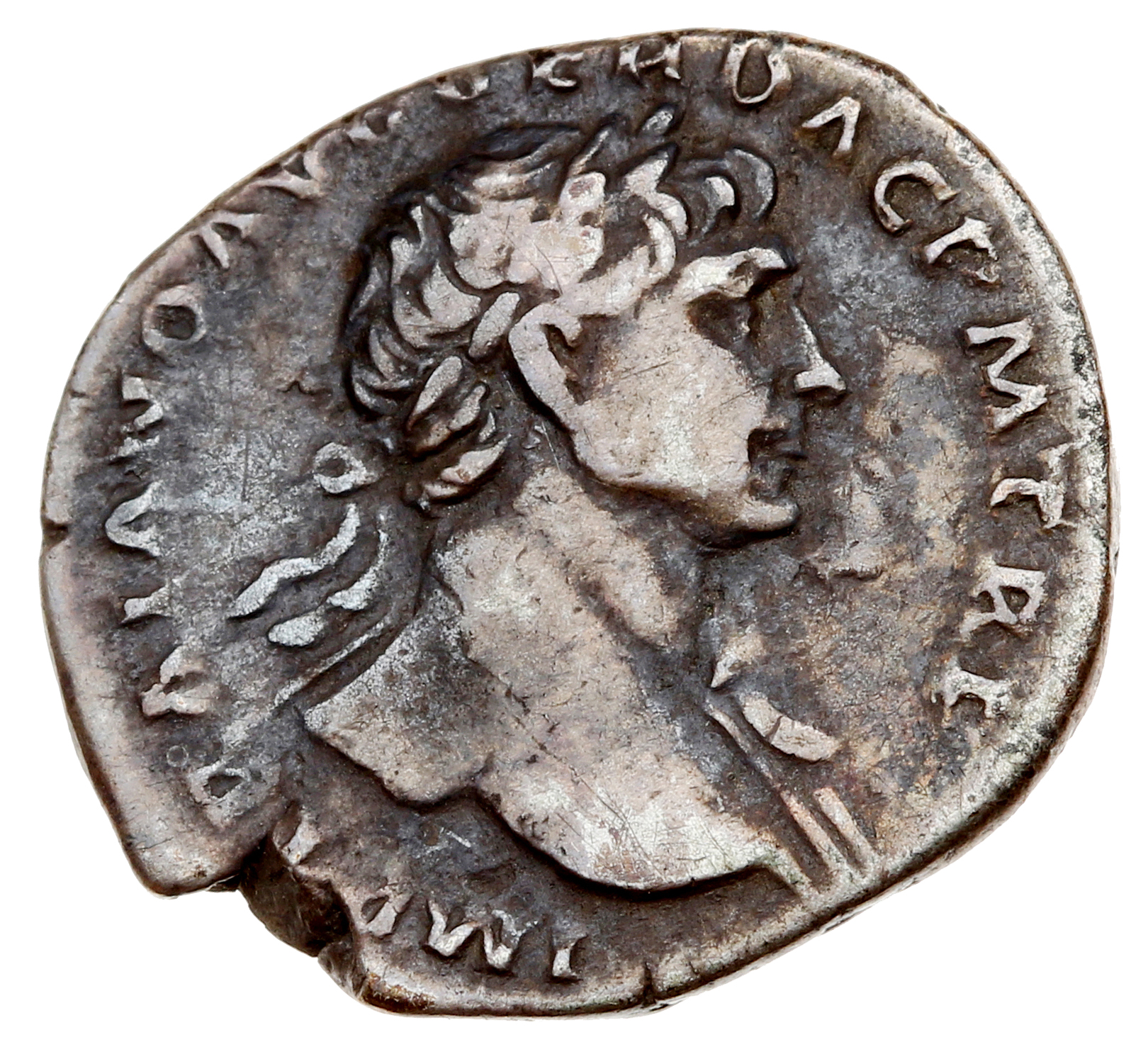 RIC II Trajan 108 Trajan obverse — Bust of Trajan, laureate, draped on left shoulder, right