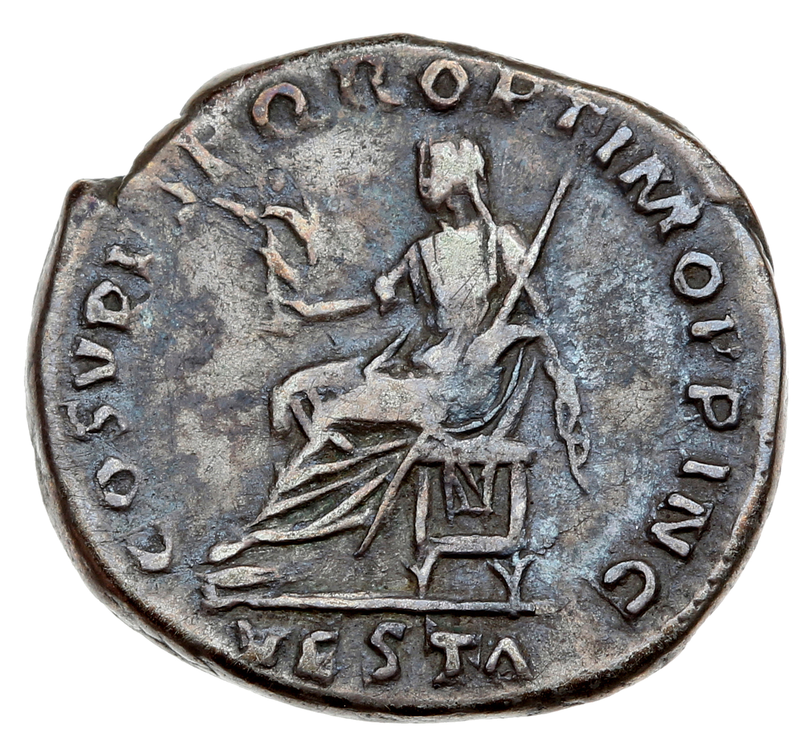 RIC II Trajan 108 Trajan reverse — Vesta, draped, veiled, seated left on seat without back, holding palladium in extended ...