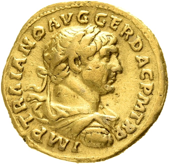 RIC II Trajan 109 Trajan obverse, Bust of Trajan, laureate, draped, right