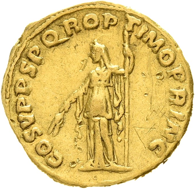 RIC II Trajan 109 Trajan reverse, Ceres, draped, standing left, holding corn-ears pointed down in right hand and long stra...