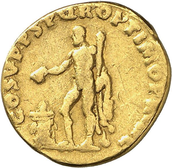 RIC II Trajan 112 Trajan reverse, Hercules, naked, standing left, holding club and lion's skin; altar front