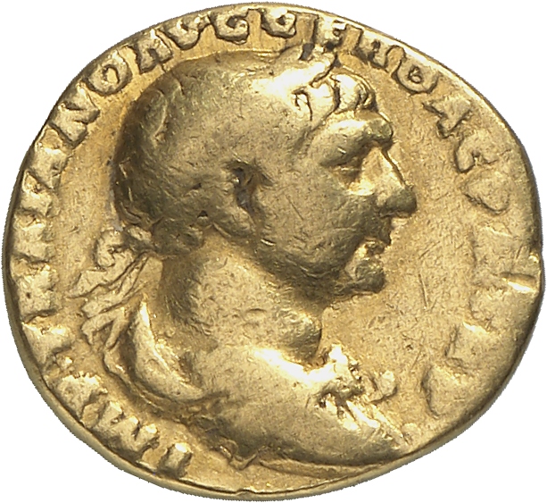 RIC II Trajan 112 Trajan obverse, Bust of Trajan, laureate, draped, right