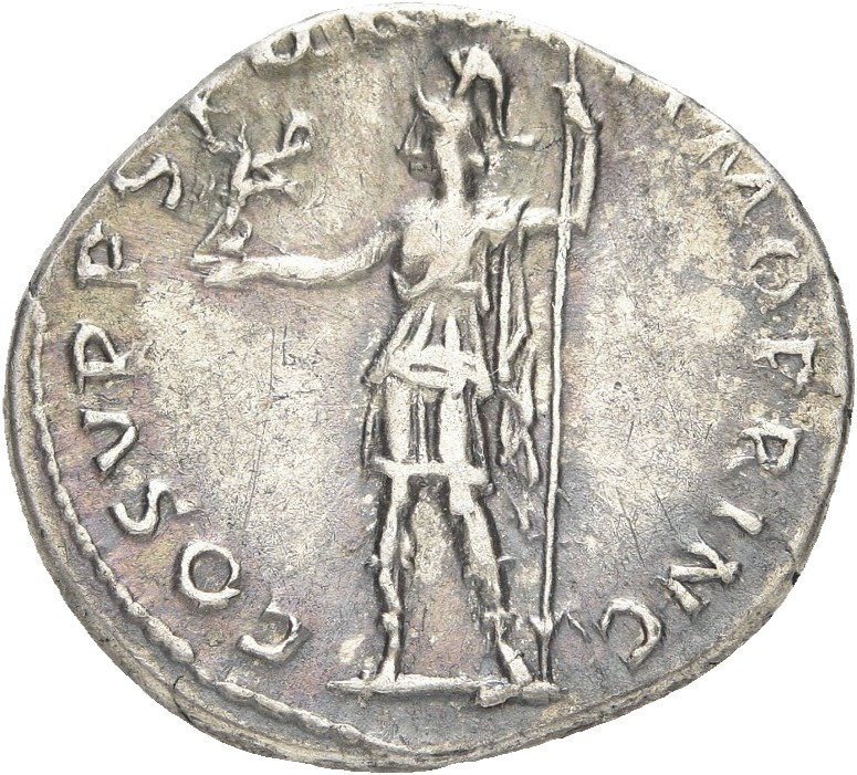 RIC II Trajan 115 Trajan reverse, Roma, helmeted, in military dress, standing left, holding Victory in right hand and stra...