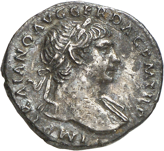 RIC II Trajan 115 Trajan obverse, Bust of Trajan, laureate, draped, right