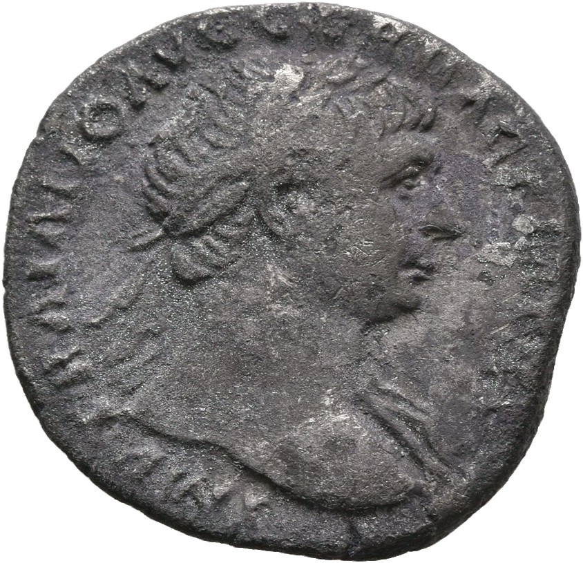 Trajan obverse — Bust of Trajan, laureate, draped on left shoulder, right