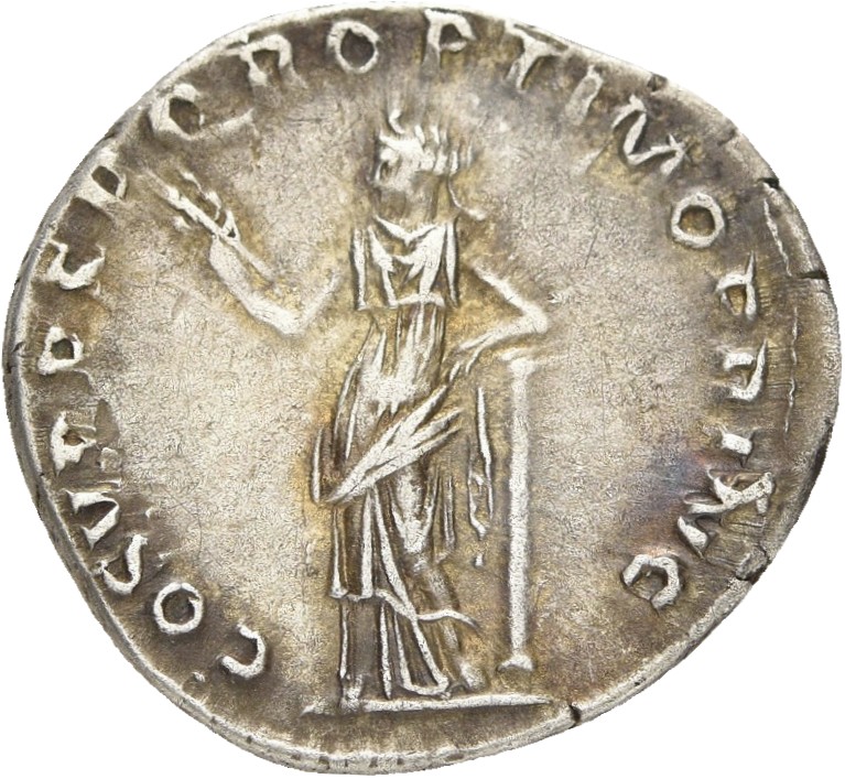 RIC II Trajan 120 Trajan reverse, Felicitas, draped, standing left, holding caduceus in right hand and resting left arm on...