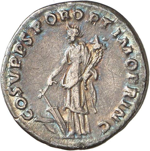 RIC II Trajan 122 Trajan reverse, Fortuna standing left, holding rudder attached to prow in right hand and cornucopiae in ...