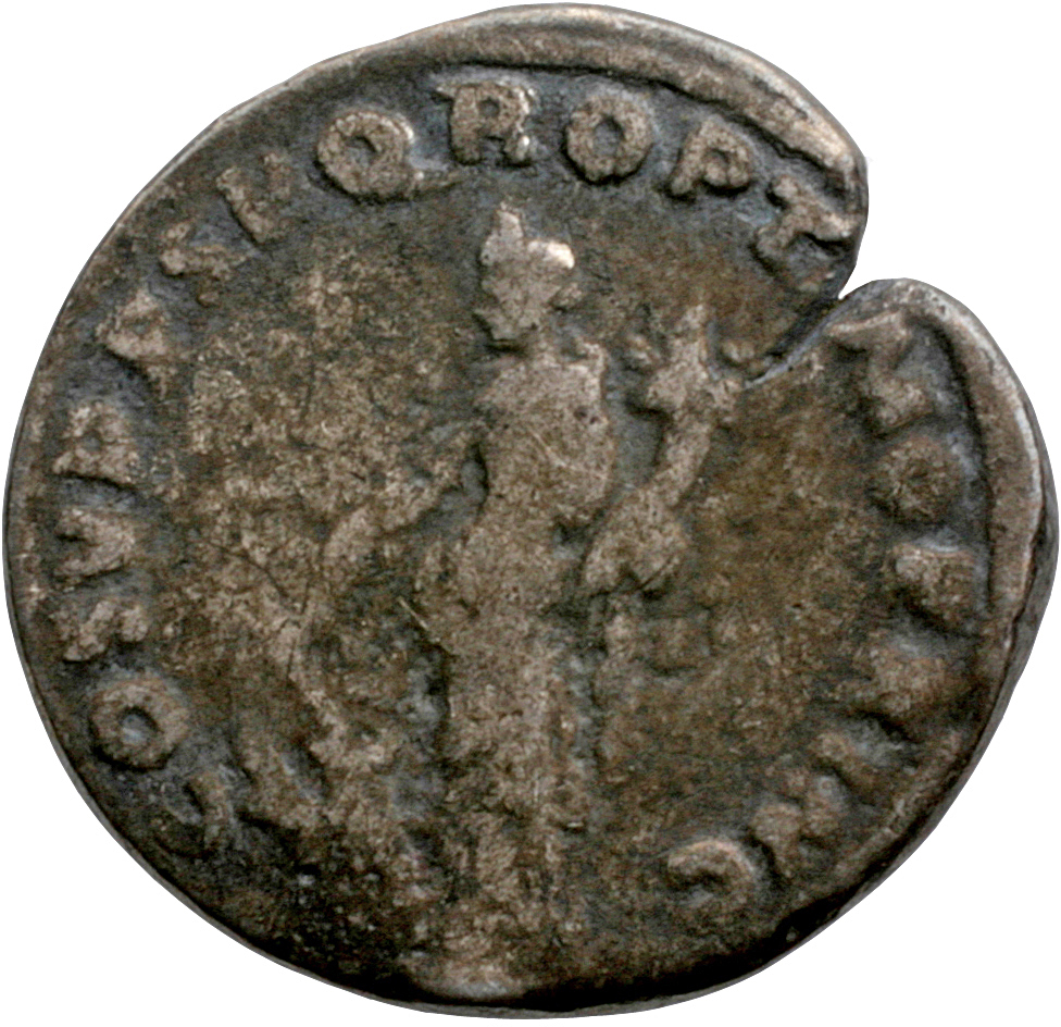 Trajan reverse — Fortuna standing left, holding rudder attached to prow in right hand and cornucopiae in left