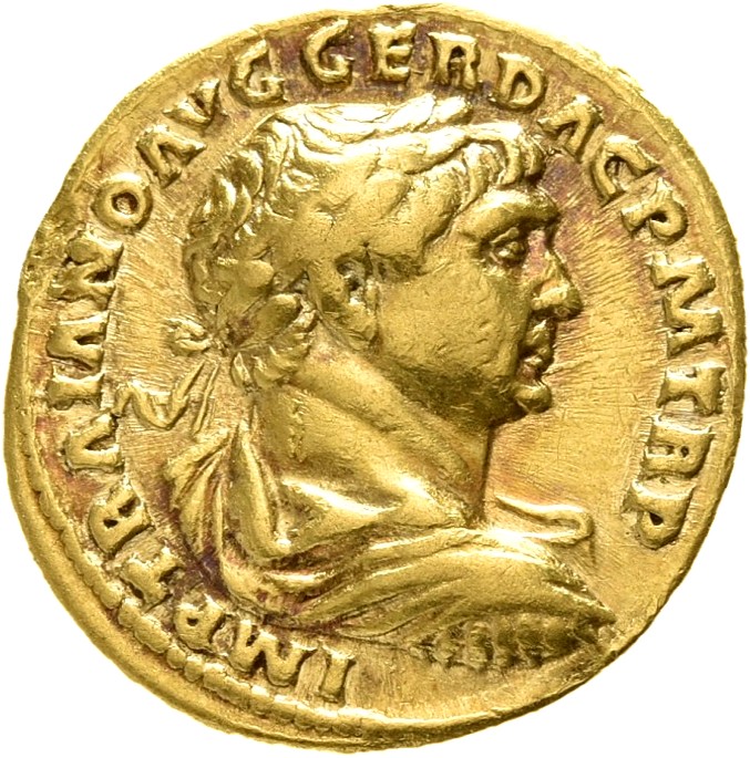 RIC II Trajan 123 Trajan obverse, Bust of Trajan, laureate, draped, right