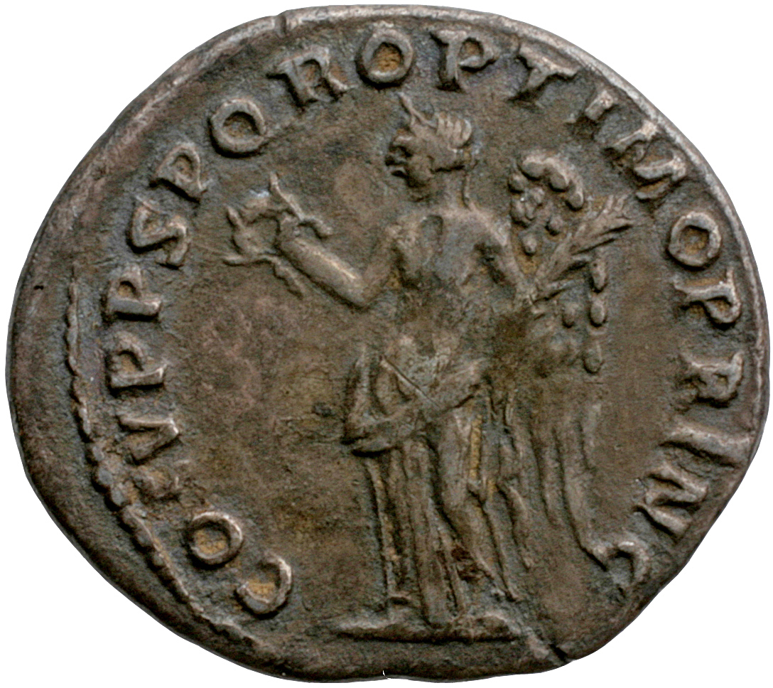 RIC II Trajan 128 Trajan reverse, Victory, naked to hips, standing left, holding up wreath in right hand and palm in left