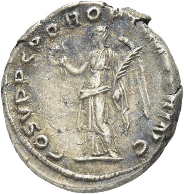 RIC II Trajan 128 Trajan reverse — Victory, naked to hips, standing left, holding up wreath in right hand and palm in left