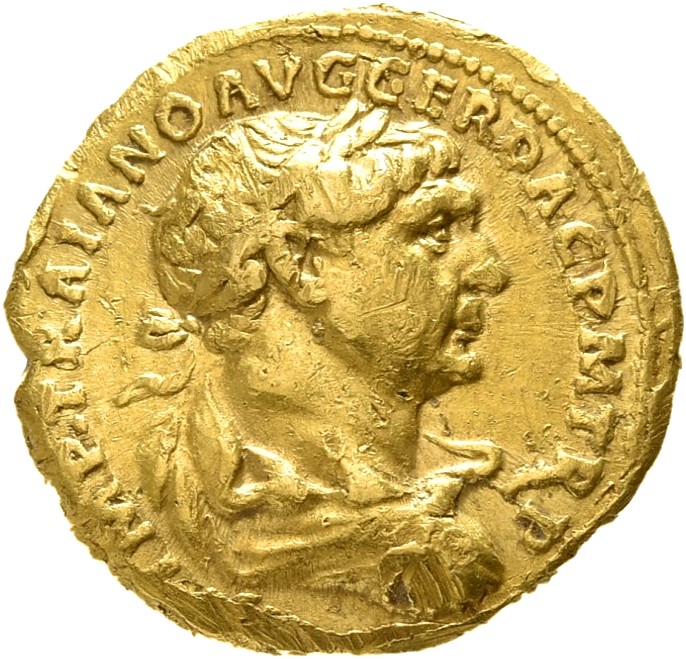 RIC II Trajan 142 (aureus) Trajan obverse, Bust of Trajan, laureate, draped, right (sometimes draped on left shoulder)