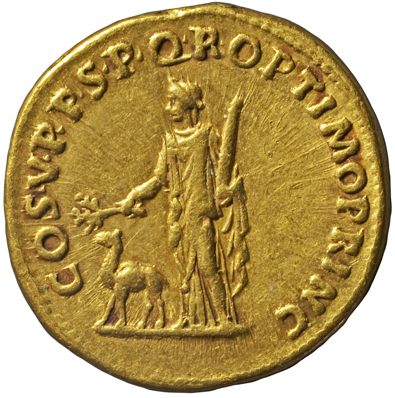 RIC II Trajan 142 (aureus) Trajan reverse, Arabia, draped, standing left, holding branch in right hand extended over camel...