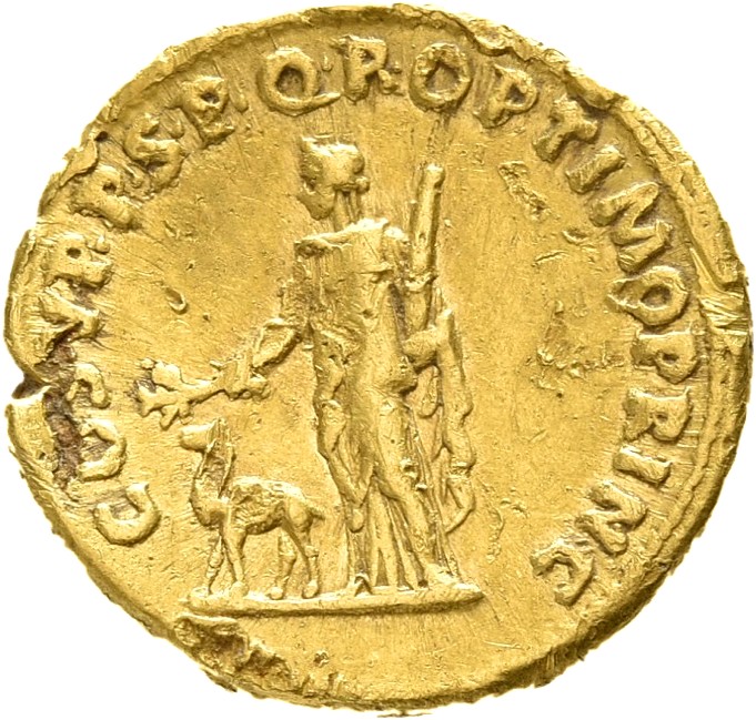 RIC II Trajan 142 (aureus) Trajan reverse — Arabia, draped, standing left, holding branch in right hand extended over came...