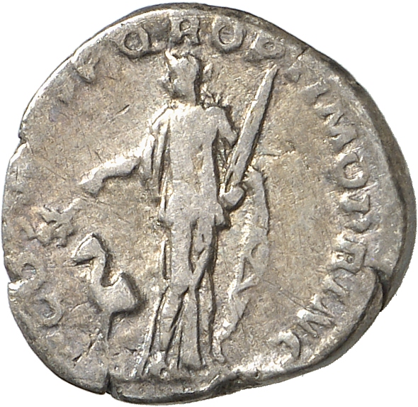RIC II Trajan 142 (denarius) Trajan reverse, Arabia, draped, standing left, holding branch in right hand extended over cam...