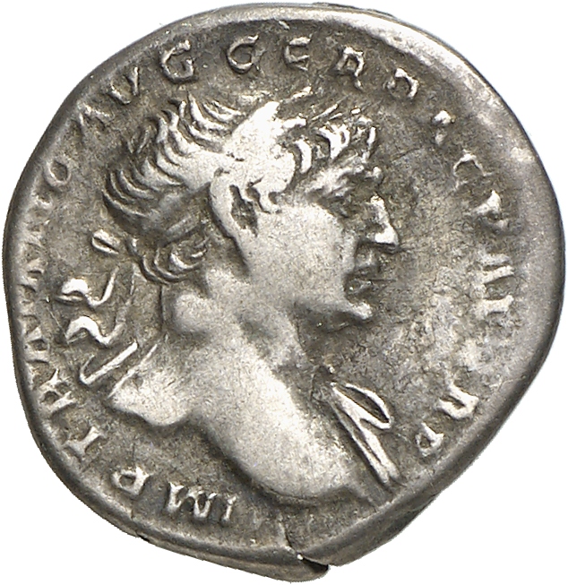 RIC II Trajan 142 (denarius) Trajan obverse, Bust of Trajan, laureate, draped, right (sometimes draped on left shoulder)