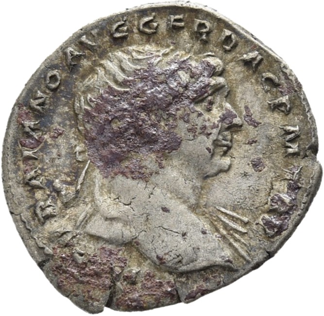 RIC II Trajan 142 (denarius) Trajan obverse — Bust of Trajan, laureate, draped, right (sometimes draped on left shoulder)