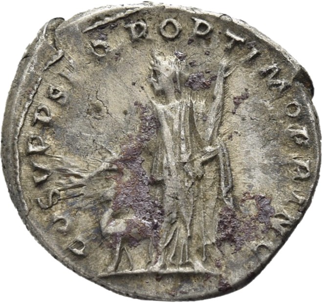 RIC II Trajan 142 (denarius) Trajan reverse — Arabia, draped, standing left, holding branch in right hand extended over ca...