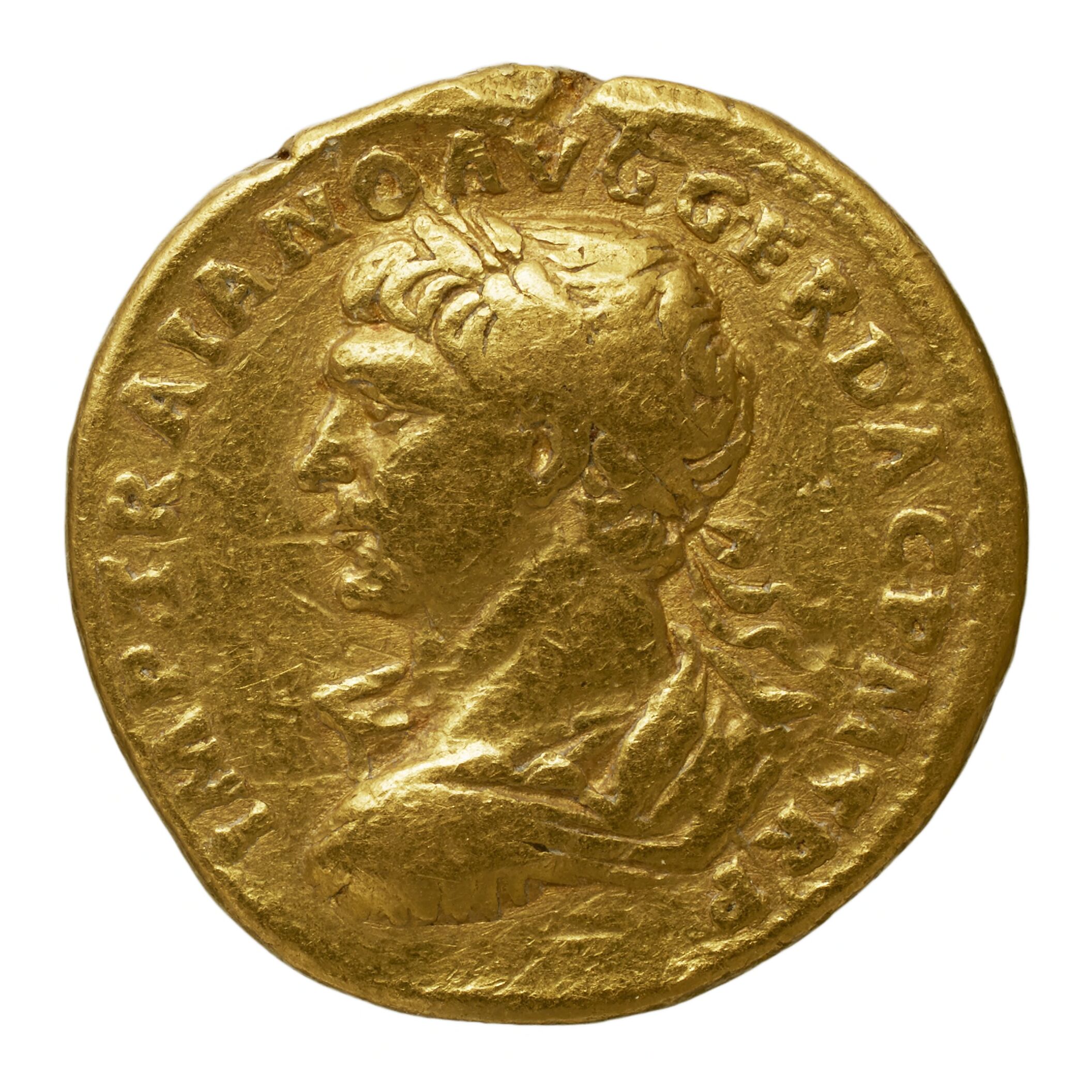 RIC II Trajan 143 Trajan obverse, Head of Trajan, laureate, left