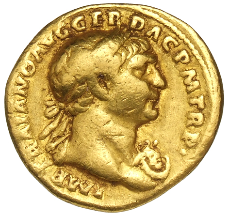 RIC II Trajan 145 Trajan obverse, Bust of Trajan, laureate, draped, right