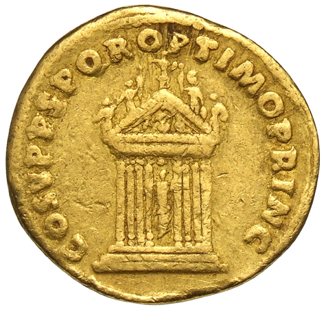 Trajan reverse — Jupiter or Pax seated inside octastyle temple decorated with five statues